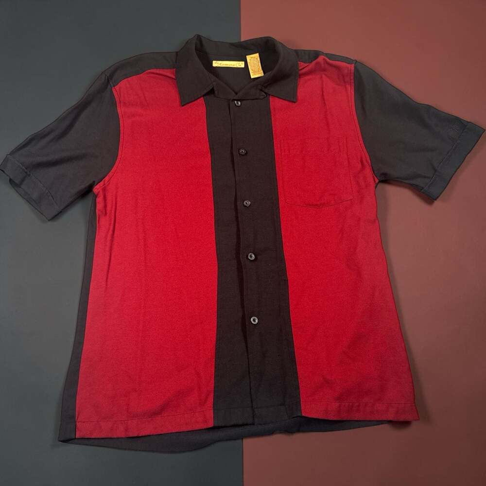 The Havanera Co. Men's Retro Bowling Style Button-Down Shirt, Black and Red Colo
